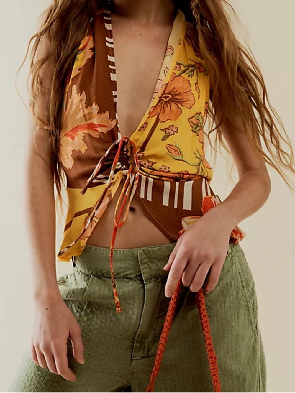 Free People Yellow Floral Halter Tie-Front Women's Top